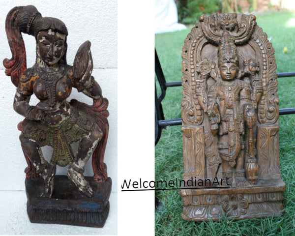 2 Antique Lord Vishnu Statue Rustic