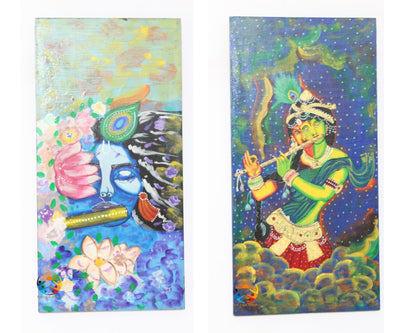 Wooden Hand Painted Radha Krishna Radha Krishna Panel