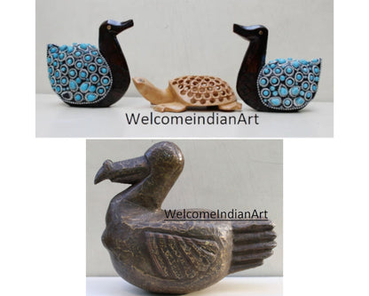 Wooden Carved Turtle With Duck Set