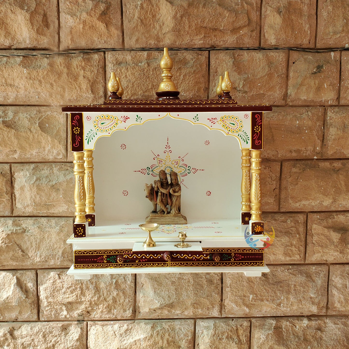 Brownish White Gold Handmade Wooden Temple