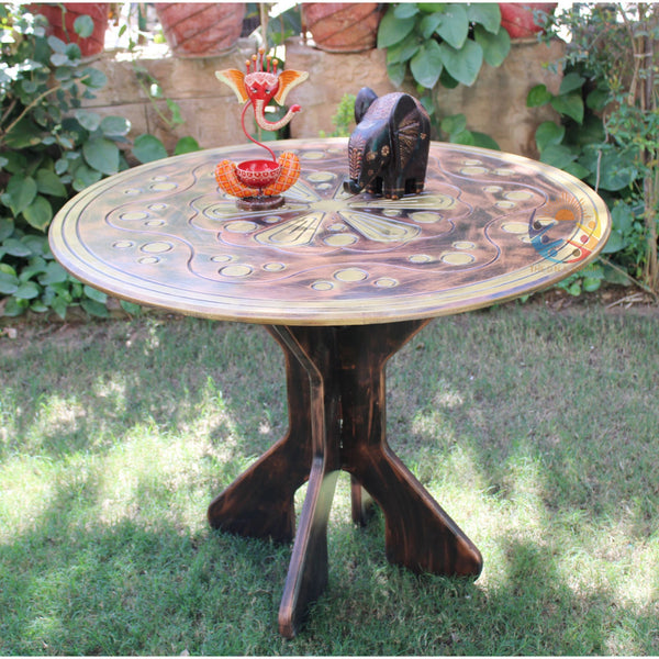 Wooden Round Dining Table/Indian Carved Table/Recycled Wooden Coffee Table/Hand Carved Party Center Table/ Garden Decor Farmhouse Furniture