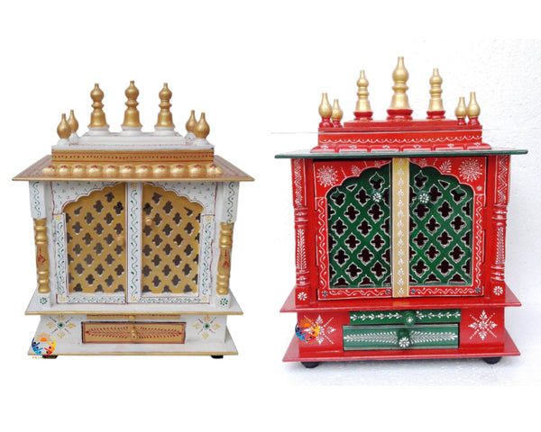 Wooden Temple Mandir For Home Red And Green