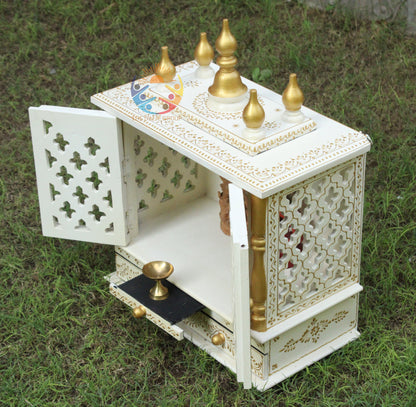 Wooden Mandir Temple, Wall Mounted White