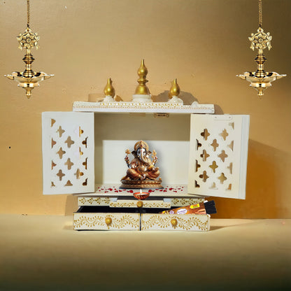 Wooden Mandir Temple, Wall Mounted White