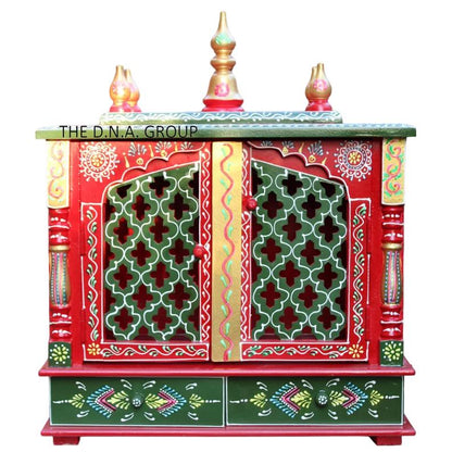 Red & Green Wooden Temple Mandir For Home