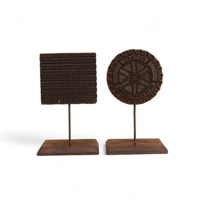 Antique wooden printed block on stand