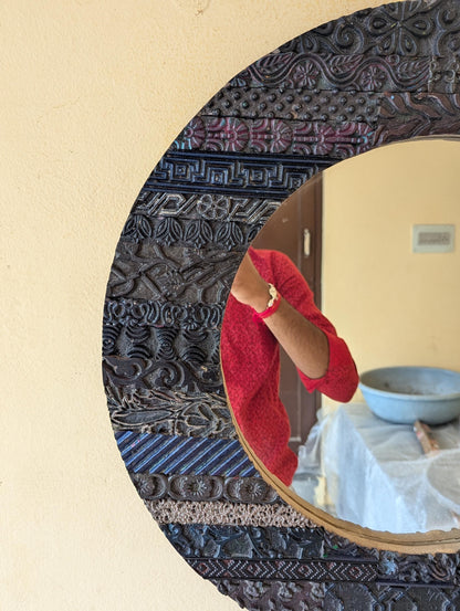 Handmade Antique Wooden Round Mirror for