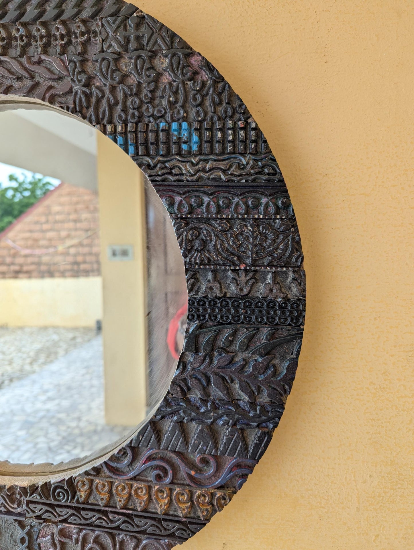 Handmade Antique Wooden Round Mirror for