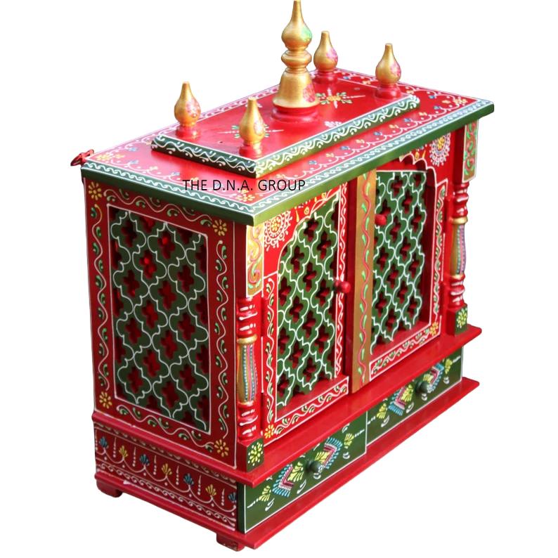 Red & Green Wooden Temple Mandir For Home
