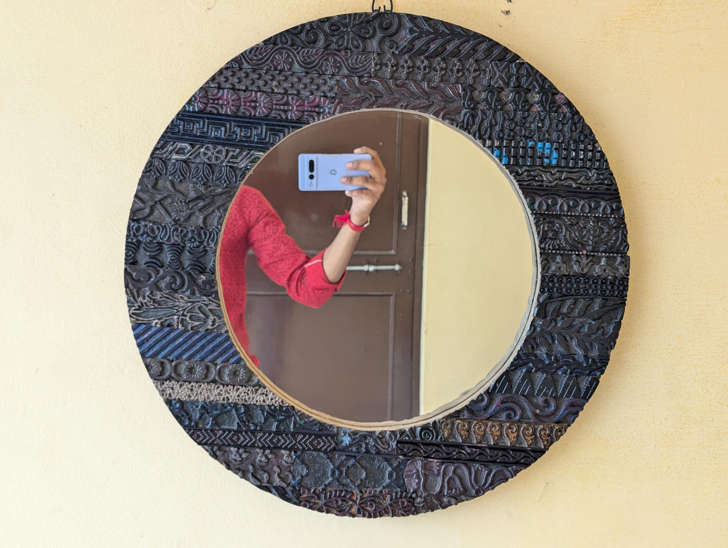 Handmade Antique Wooden Round Mirror for