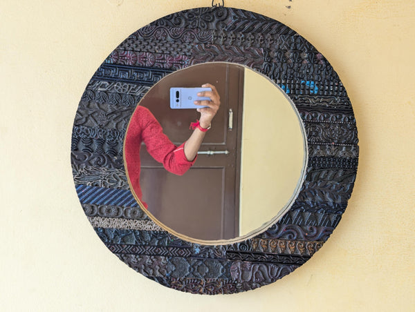 Handmade Antique Wooden Round Mirror for