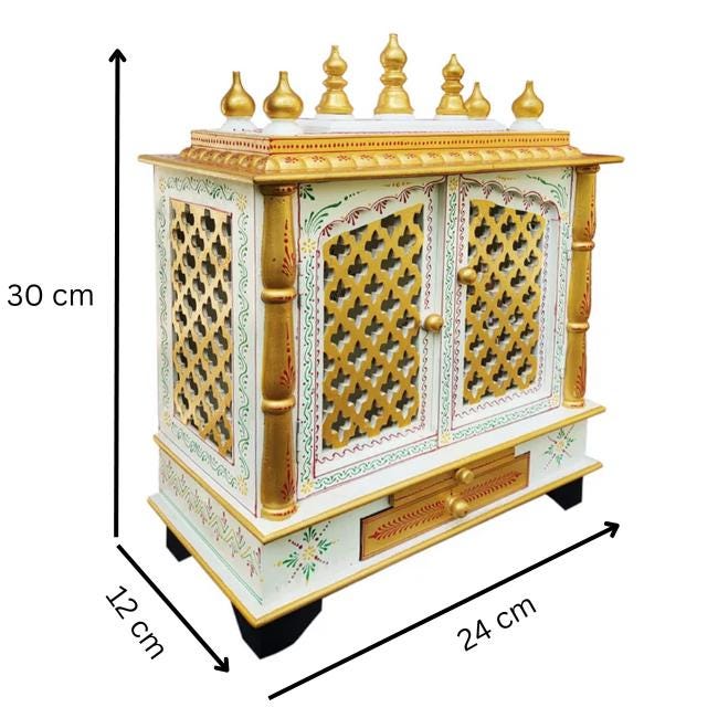 The INDIAN CRAFTS STORE Handcrafted Wooden Temple Mandir Puja features gold and white lattice doors, ornate detailing, and a base drawer. Perfect as a Pooja Ghar, it measures 30x24x12 cm.