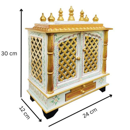 The INDIAN CRAFTS STORE Handcrafted Wooden Temple Mandir Puja features gold and white lattice doors, ornate detailing, and a base drawer. Perfect as a Pooja Ghar, it measures 30x24x12 cm.