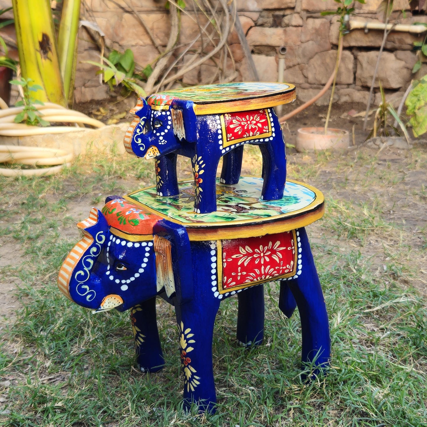 Wooden Elephant Stool Hand Painted Wood