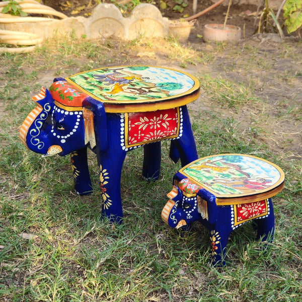 Wooden Elephant Stool Hand Painted Wood