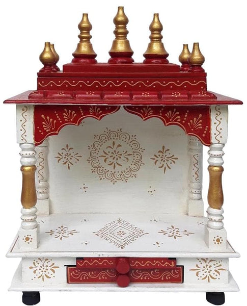 Wooden Mandir Temple In Wine Red and White Colour!