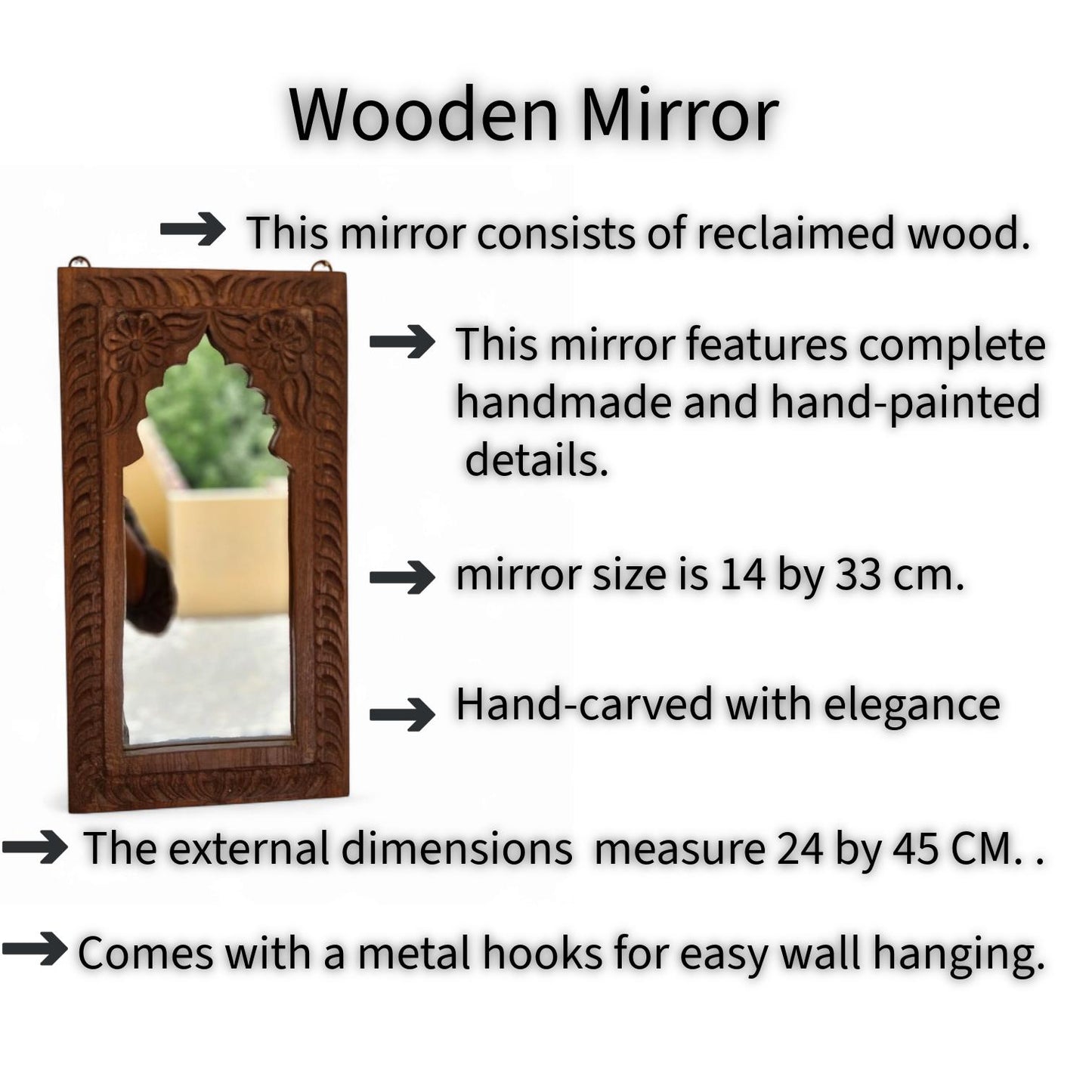 Hand Carved Wooden Mirror/ Unique Shape