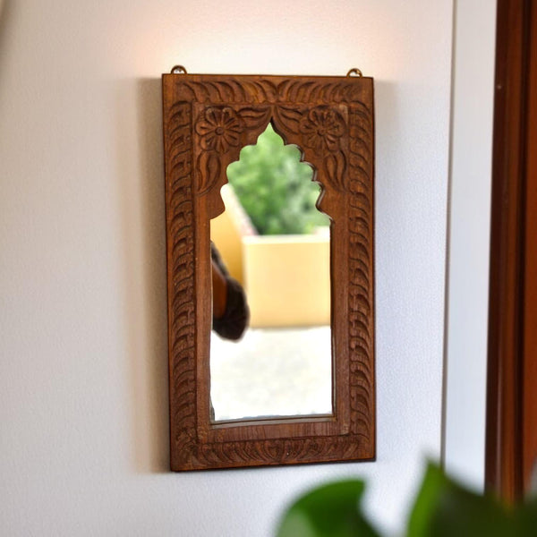 Hand Carved Wooden Mirror/ Unique Shape Indian Traditional Wall Hanging Mirror/ Ethnic Arch Mirror Window Frame Décor/ Family Photo Frame