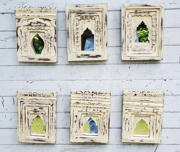 Handcrafted Wooden Mirror Frame with White Distressed Finish (Set of 6)