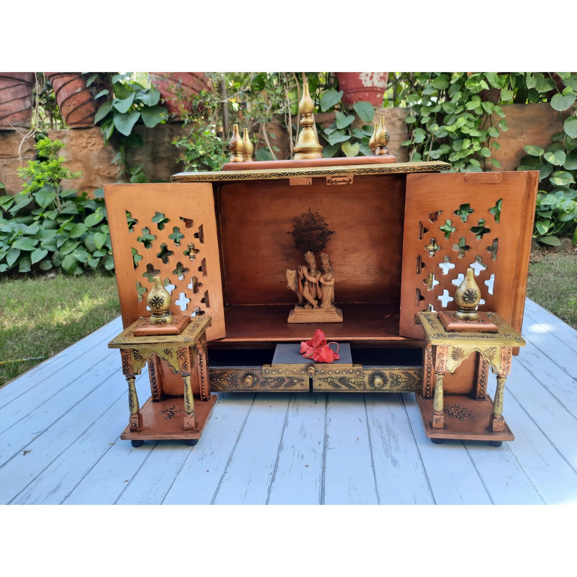 Handmade Copper temple with 2 side Mandir 